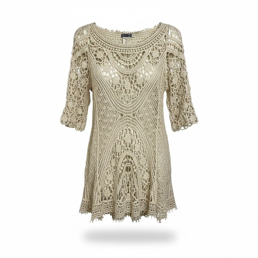EARTHOUND beige crochet tunic top 3/4 sleeve boat neck open knit  S Boho