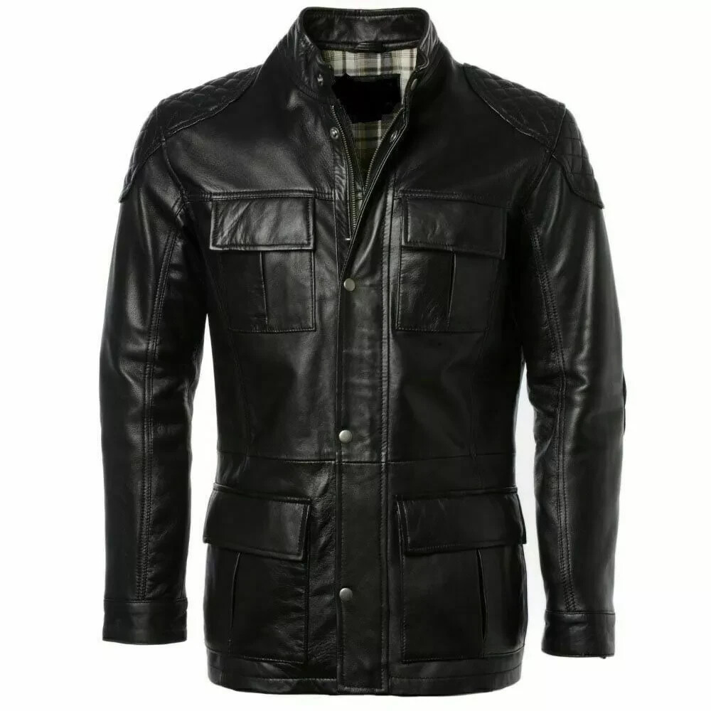 Men's Vintage Black Lambskin Leather Biker Jacket Retro Biker Coat