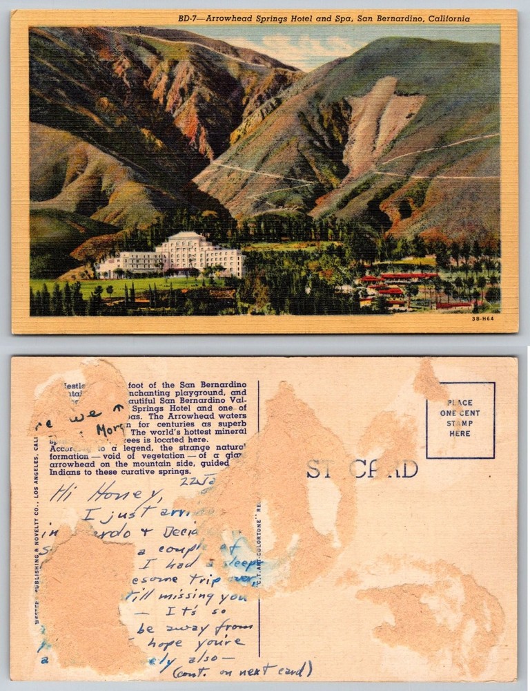 Arrowhead Springs Hotel Spa San Bernardino California Vintage Postcard 1933