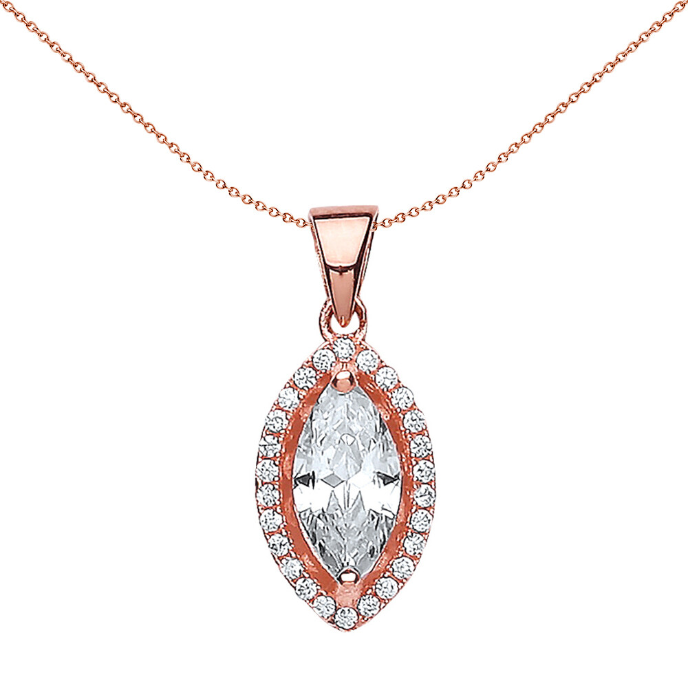 Rose Silver Jewelco London Marquise CZ Halo Charm Necklace 18 inch
