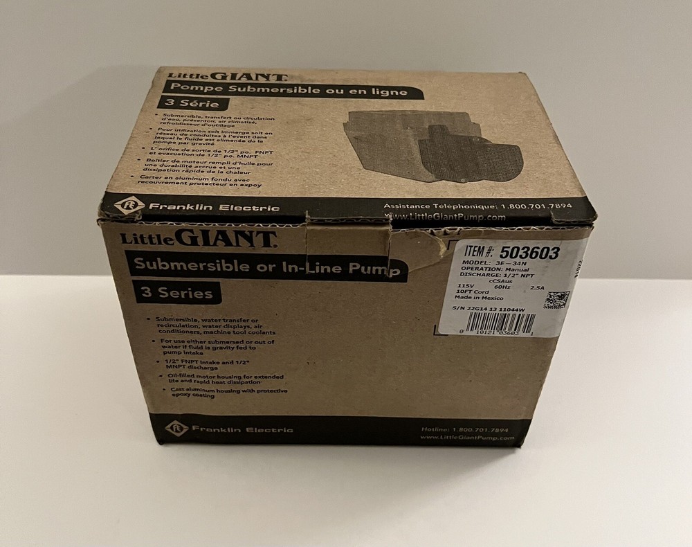 NEW Franklin Electric Little Giant 503603 Pump, Submersible, 3E-34N,670 GPH,200W