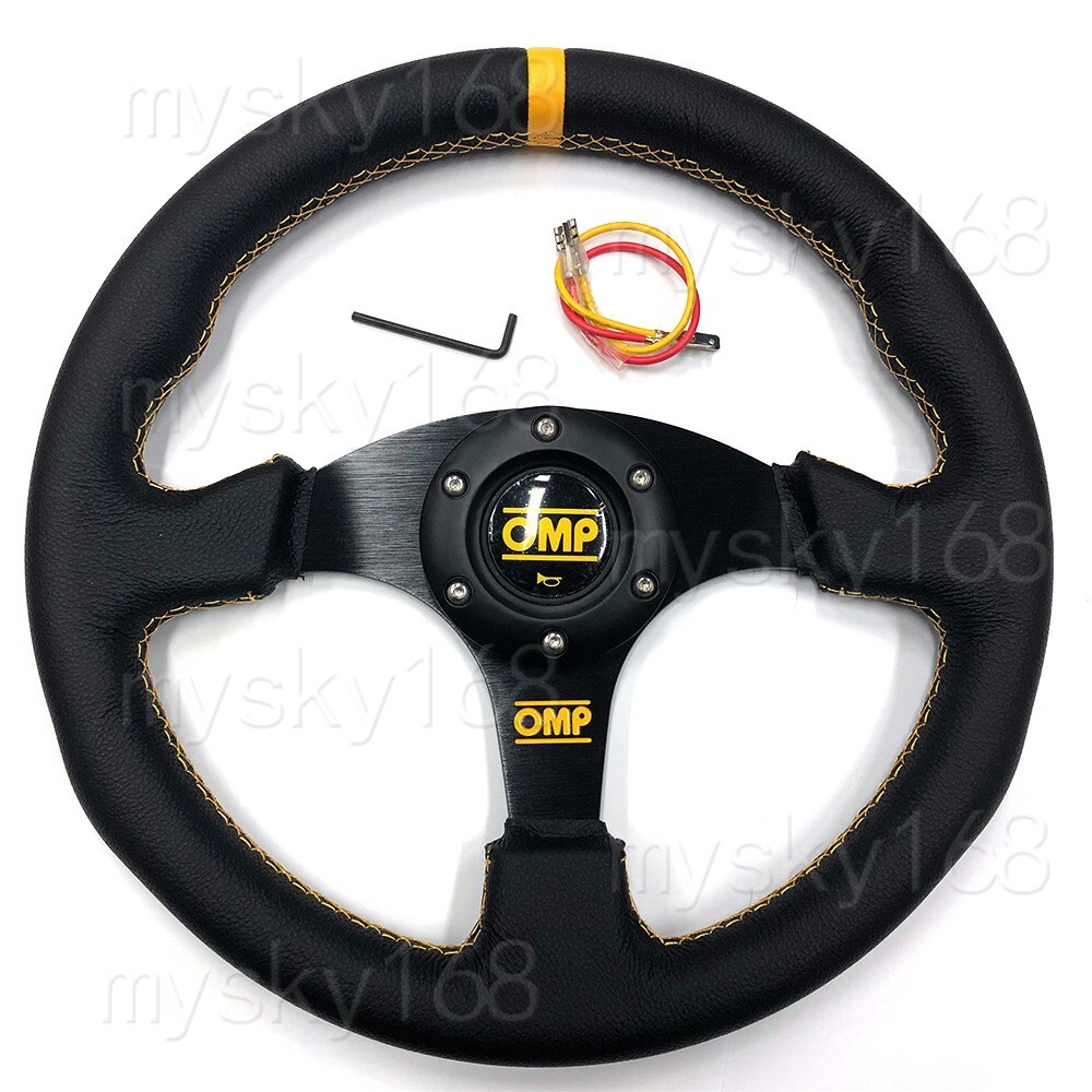 Car 320mm 13' Genuine Leather Flat yellow stitch Racing Sport Steering Wheel