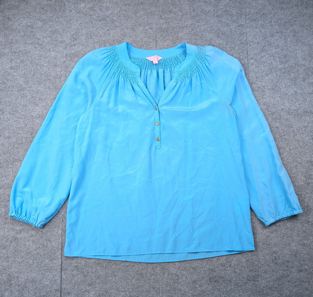 Lilly Pulitzer Elsa Blouse Womens Medium Silk Minimal Blue Resort Lightweight