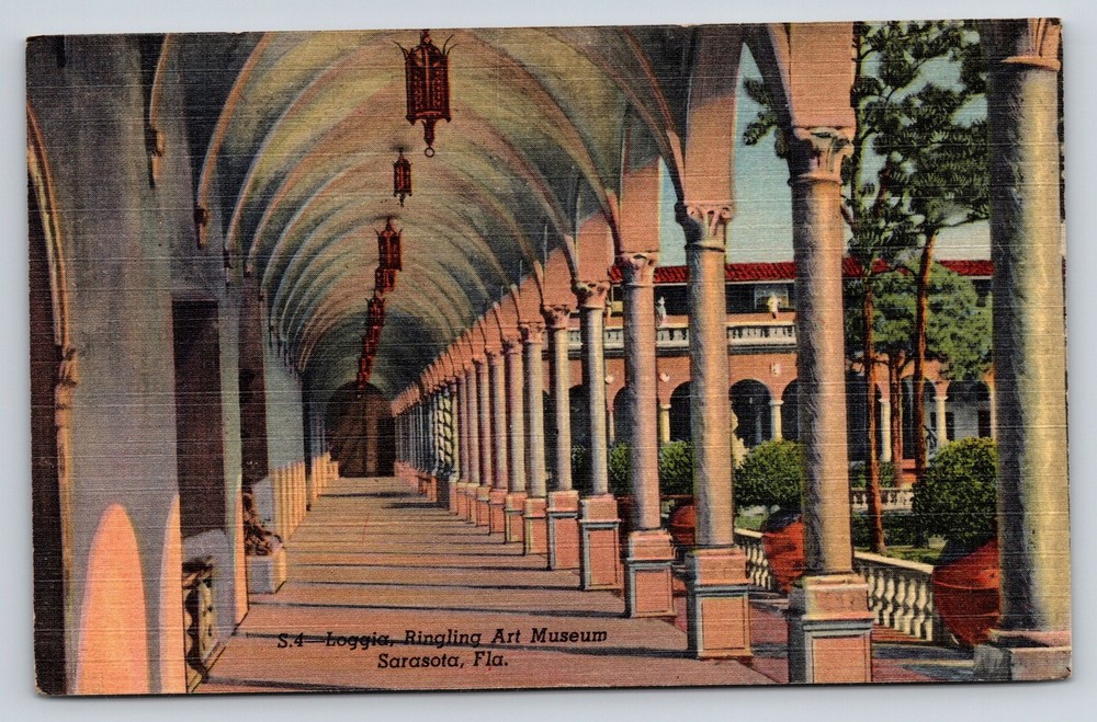 Sarasota Florida~Ringling Art Museum~Loggia Walkway~Patio~Linen 1954 Postcard