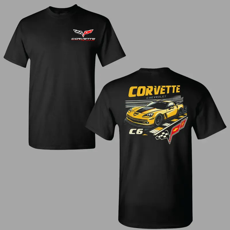 Corvette C6 Racing Edition T-shirt, 2 Sides Graphic Tee Featuring Yellow Chevrol