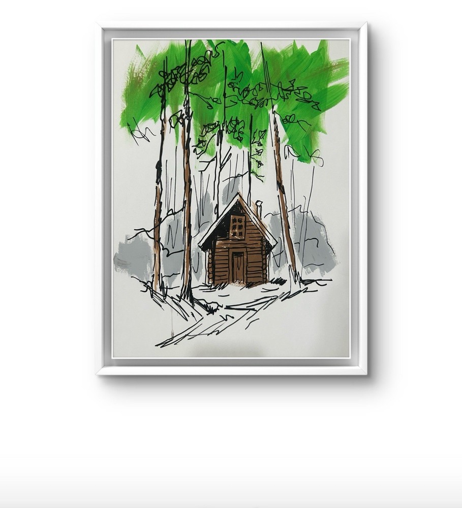 Original Abstract Cabin In Woods Painting 14x11 paper Modern Wall Art Home Decor