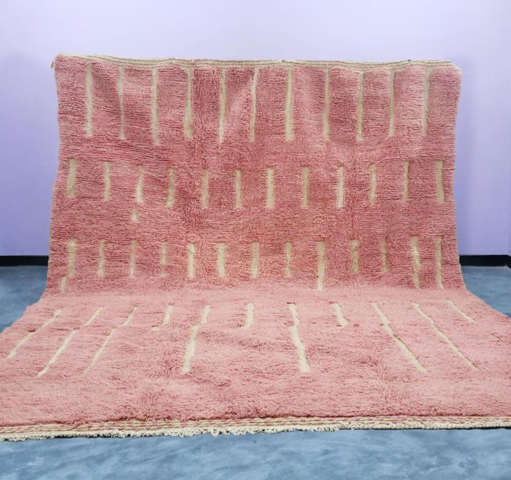 Color Rose Pink Moroccan Berber Beni Ourain Wool Rug Handmade Design Carpet Rug