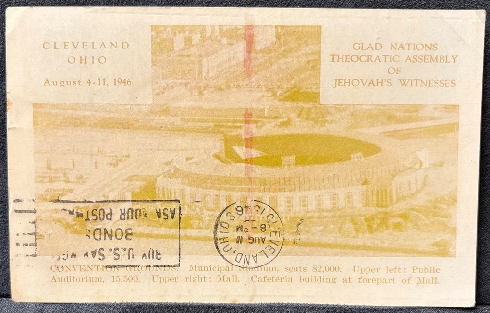 Cleveland Oh 1946 Glad Nations Theocratic Assembly Jehovah’s Witnesses Postcard