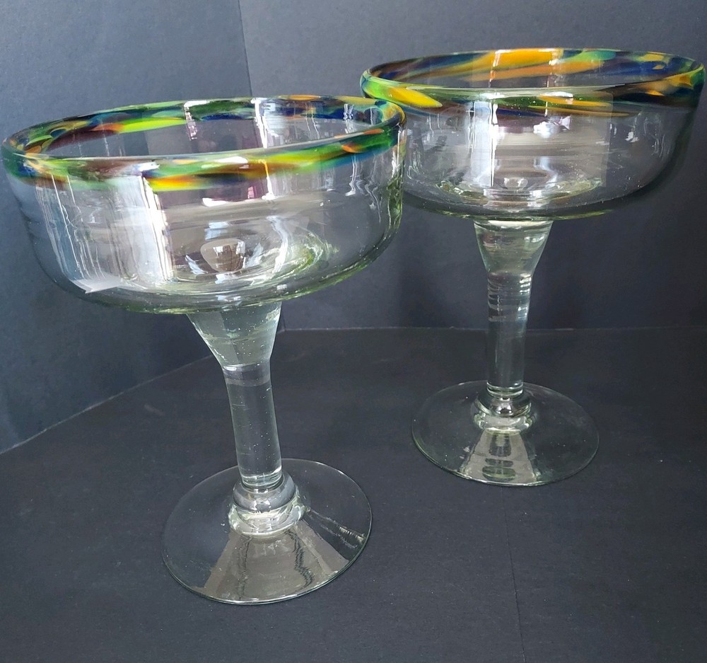 Hand Blown Confetti Rim Mexican Margarita Glasses Set 2 Recycled Glass Barware