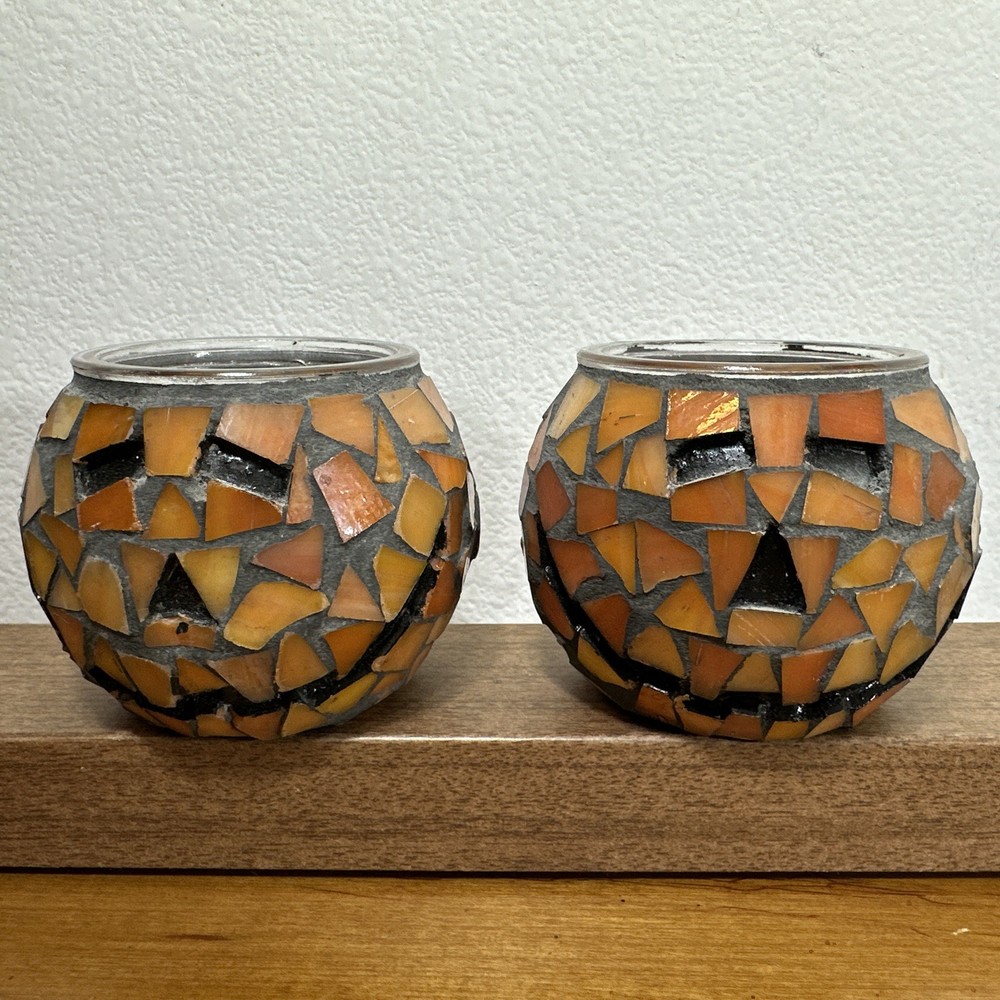2 Jack-o'-lantern Pumpkin Halloween Glass Mosaic Tile Votive Candle Holder
