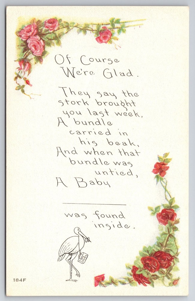 Vintage New Baby Stork Postcard Owen Card Pub Co Roses Poem Unposted