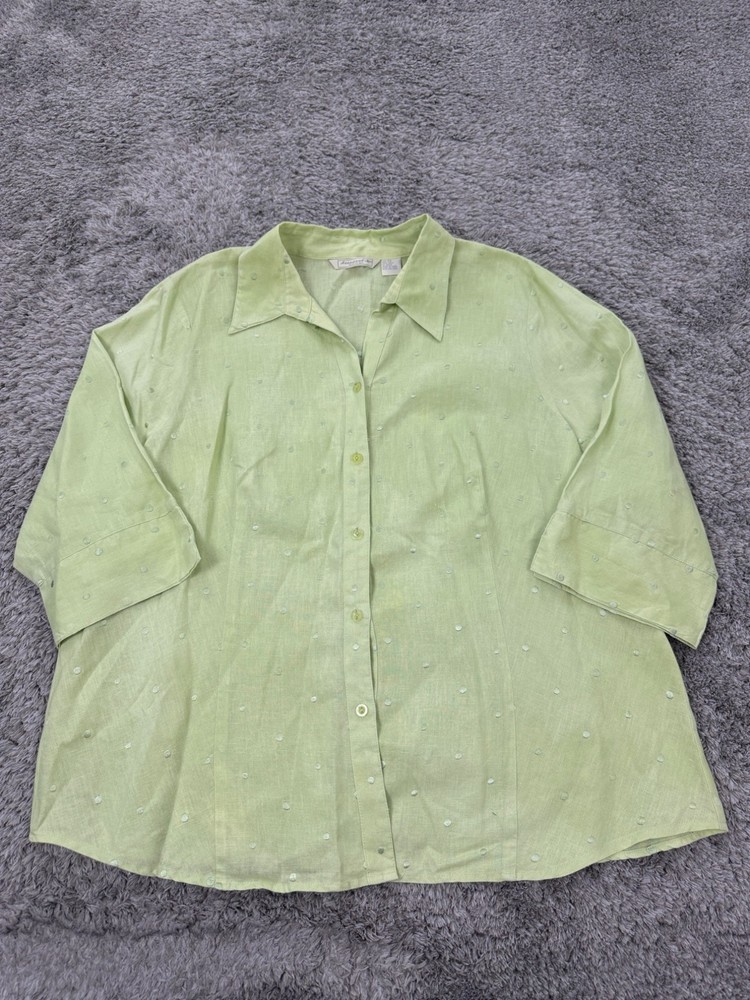 Deane White Top Women 3X Lime Green Linen Swiss Dot Embroidery 3/4 Sleeve Tunic