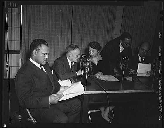 Photo:New York City NY 1930s Press Conference at Microphones Journalists