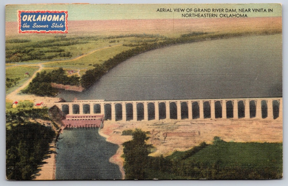 Northeastern Oklahoma~Aerial View Of Grand River Dam~Vintage Linen Postcard