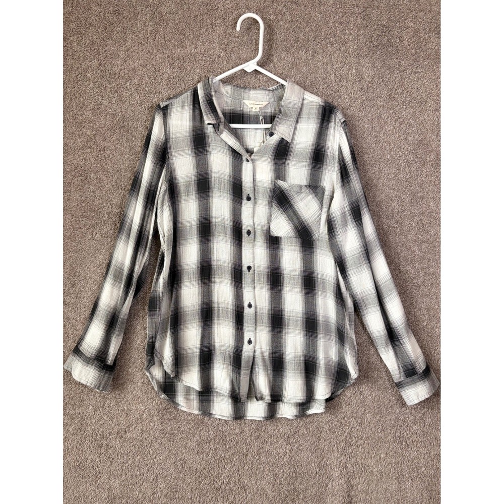 NWT Lucky Brand Plaid Long Sleeve Button Down Shirt Black White Gray Size Medium