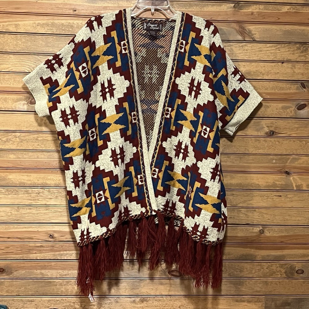 Cowgirl Legend Women’s Knit  Cardigan Kimono Fringe Aztec Western Size S/M