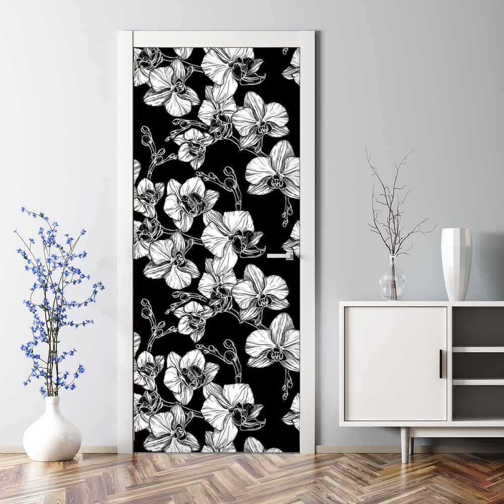 Bubble Free Door sticker Hand-drawn orchid flowers Black and white elegant