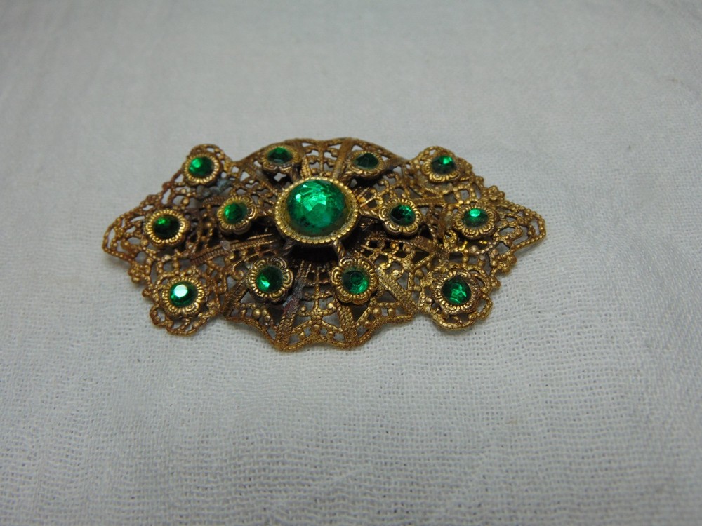 antique Victorian green crystals filigree brooch