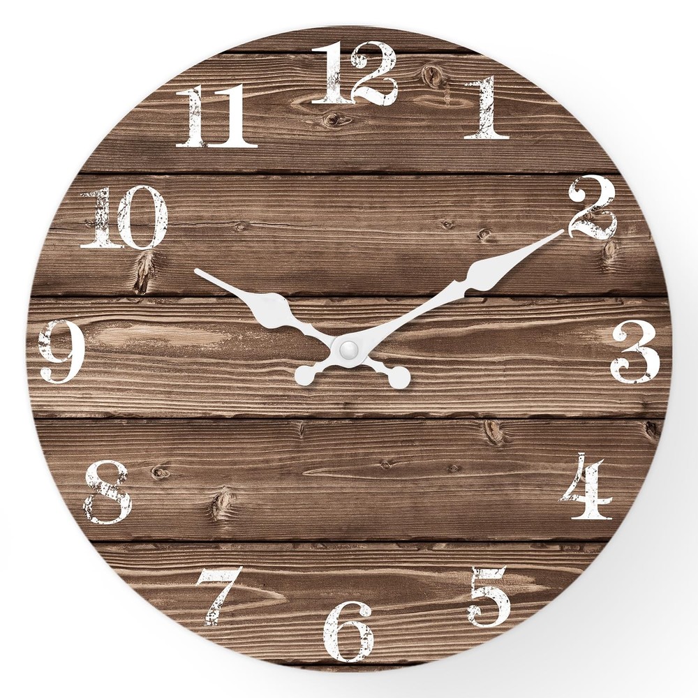 Analog Brown Farmhouse Wall Clock Battery Operated 10 Inch Small Rustic Wall ...