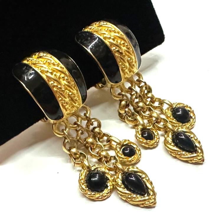 Vtg Costume Black Enamel Dangle Gold Tone Clip-on Earrings Jewelry Lot H