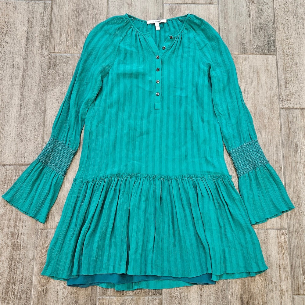 10 Crosby Derek Lam Dress Womens Size 2 Green Smocked Crinkled Silk chiffon Mini