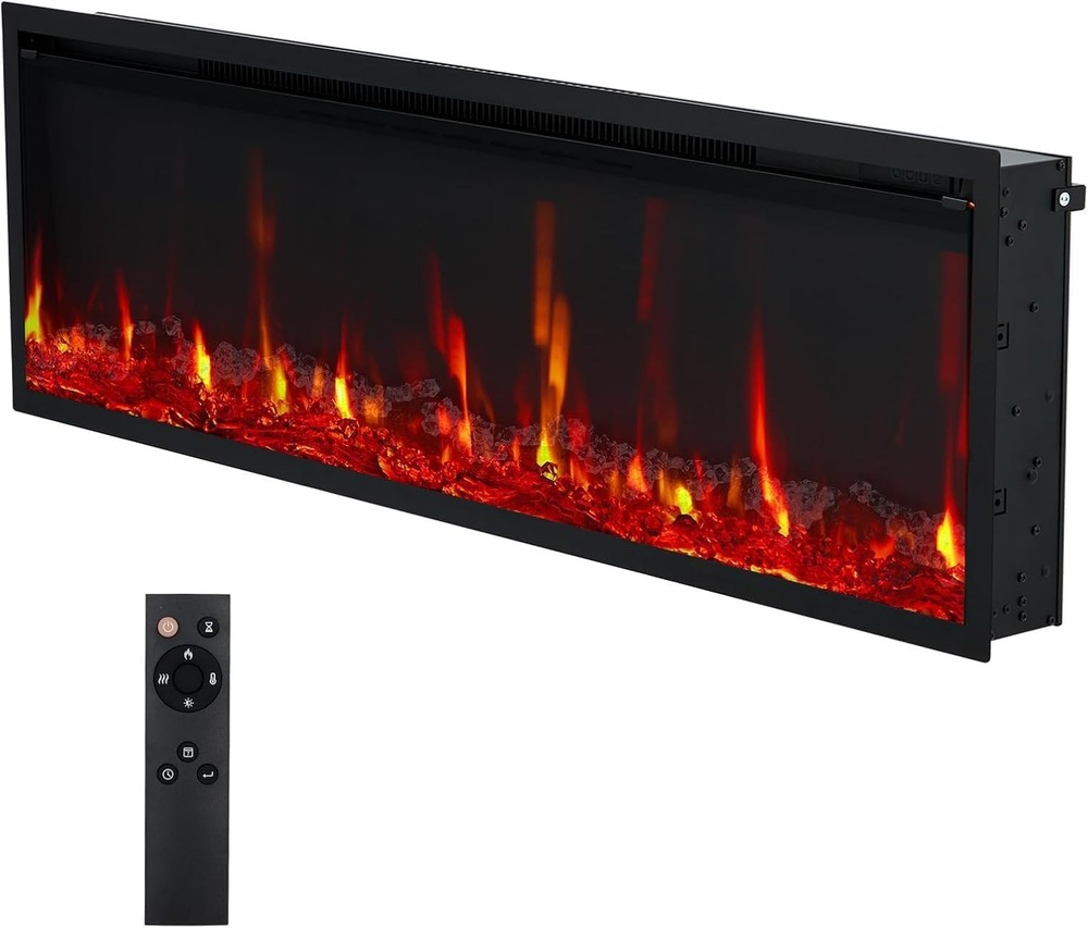 750/1500W Ultra-Thin Electric Fireplace Wall&Recessed w/ Remote, 12-Color Flames