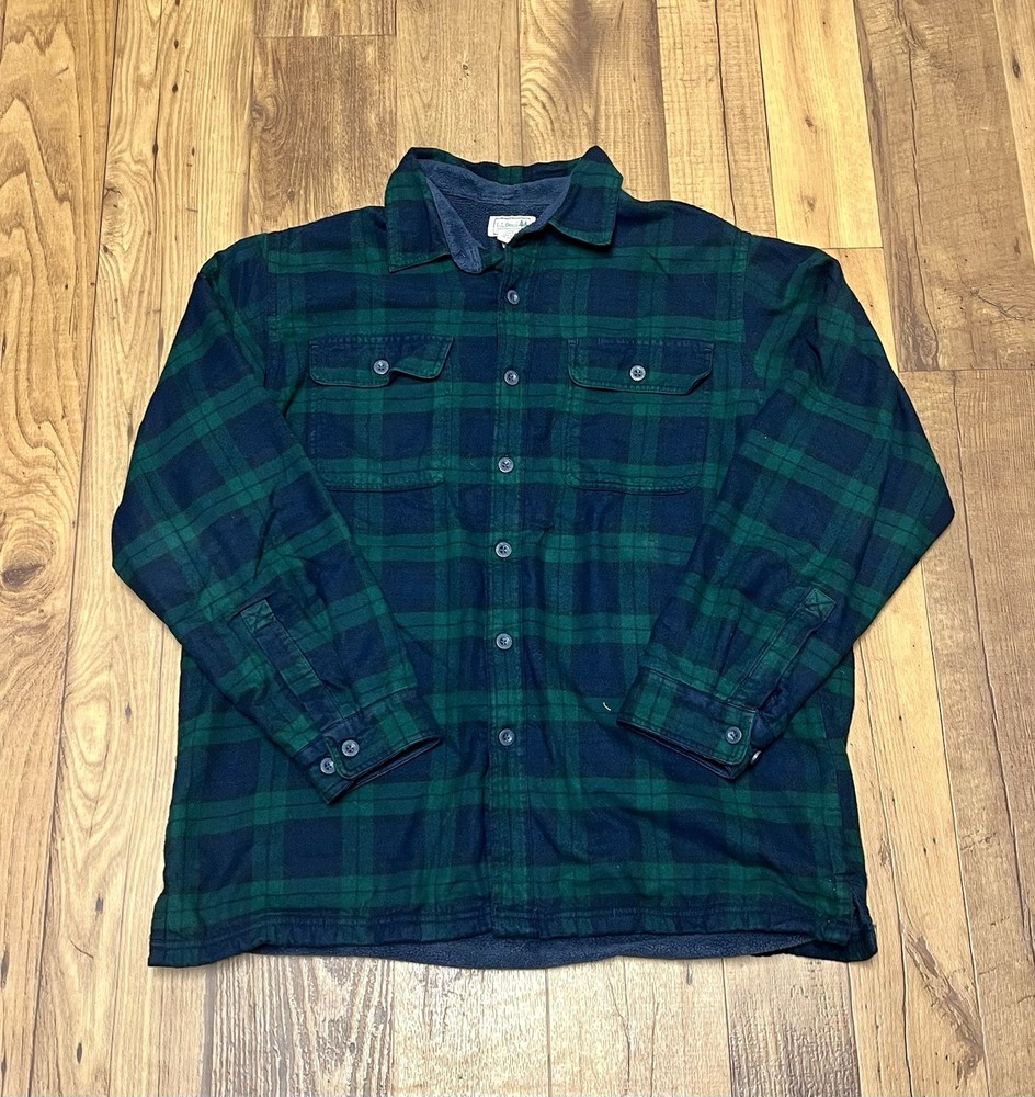 Vintage L.L. Bean Mens Green Plaid Fleece Lined Traditional Fit Flannel/ Sz: L