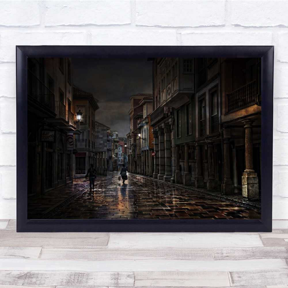 Street Sign People Wet Night Lamp Facade Buildings Pillars Wall Art Print