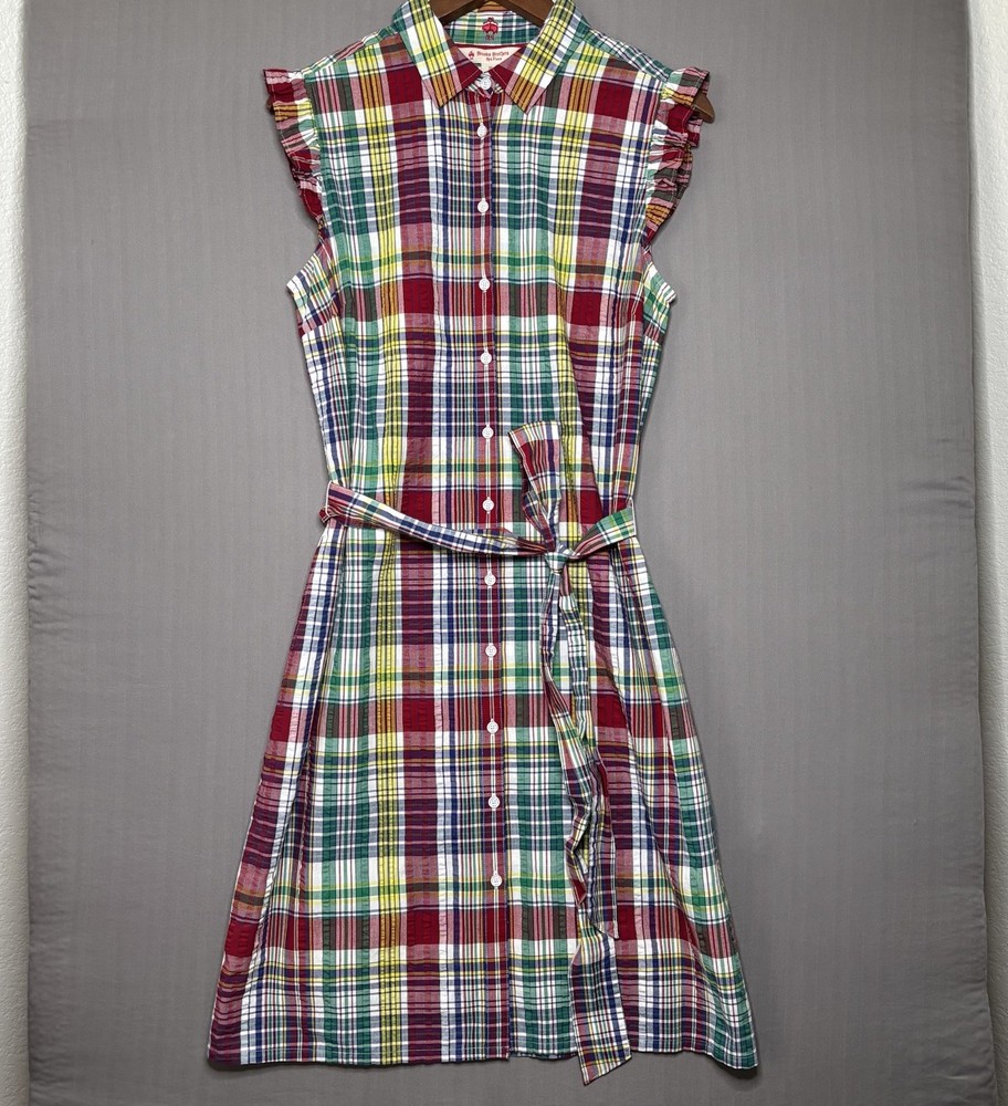 Brooks Brothers Red Fleece Madras Plaid Shirt Dress Belted Ruffle Sleeve Size 10