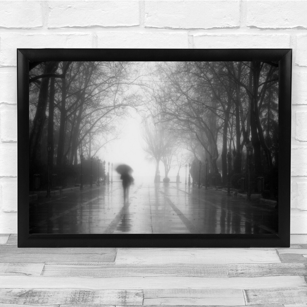 Street Trees Black & White Umbrella Raining Weather Blur Wall Art Print