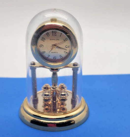 Miniature Anniversary Style Quartz Clock Under Glass Dome Gold Tone Hong...