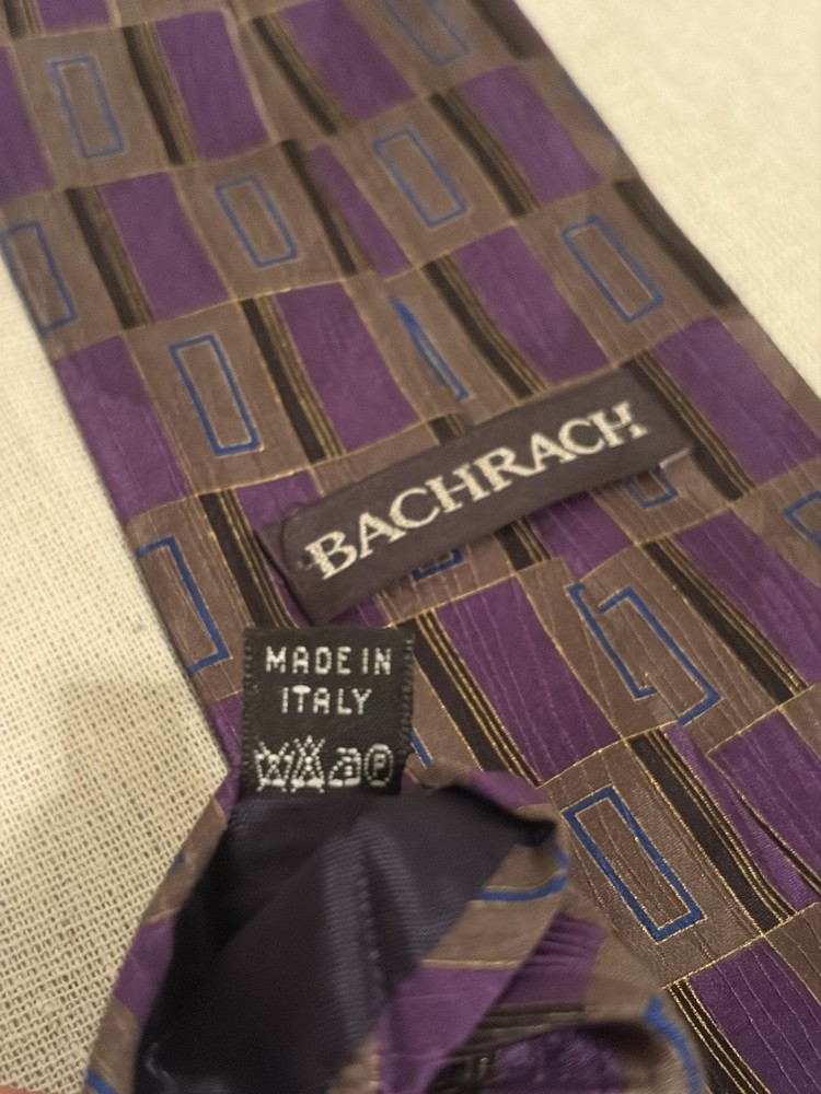 Bachrach 100% Silk Men's Necktie Made in Italy Purple Brown Geometric Pattern