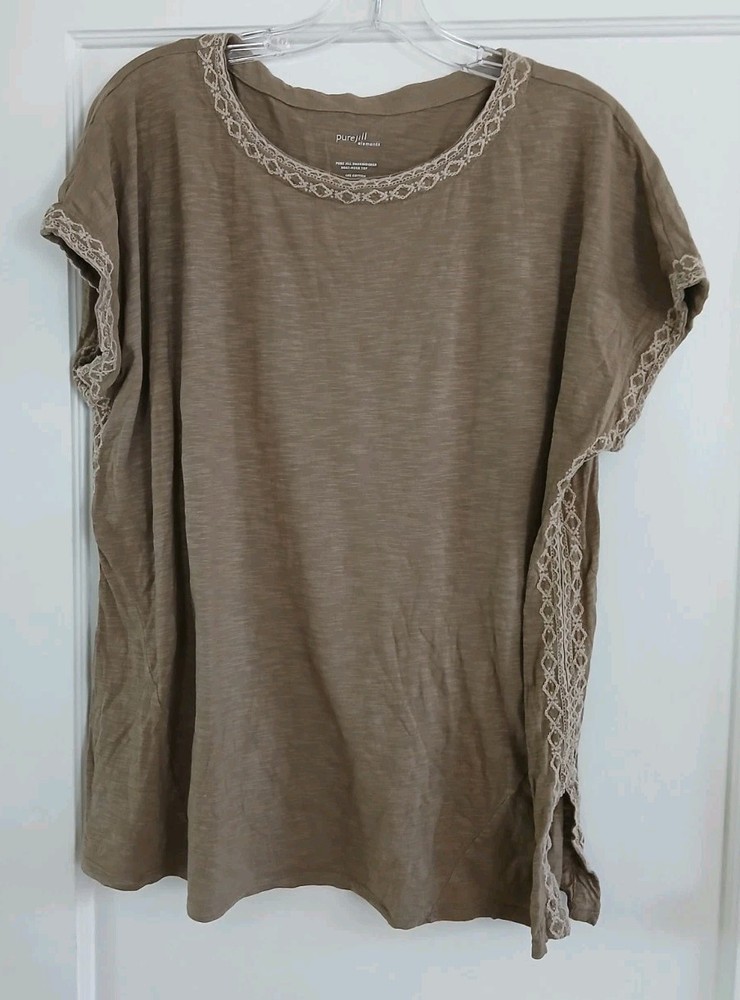 J Jill Pure Elements Womens Tee L Tall Large Tan Light Brown Embroidered Cotton