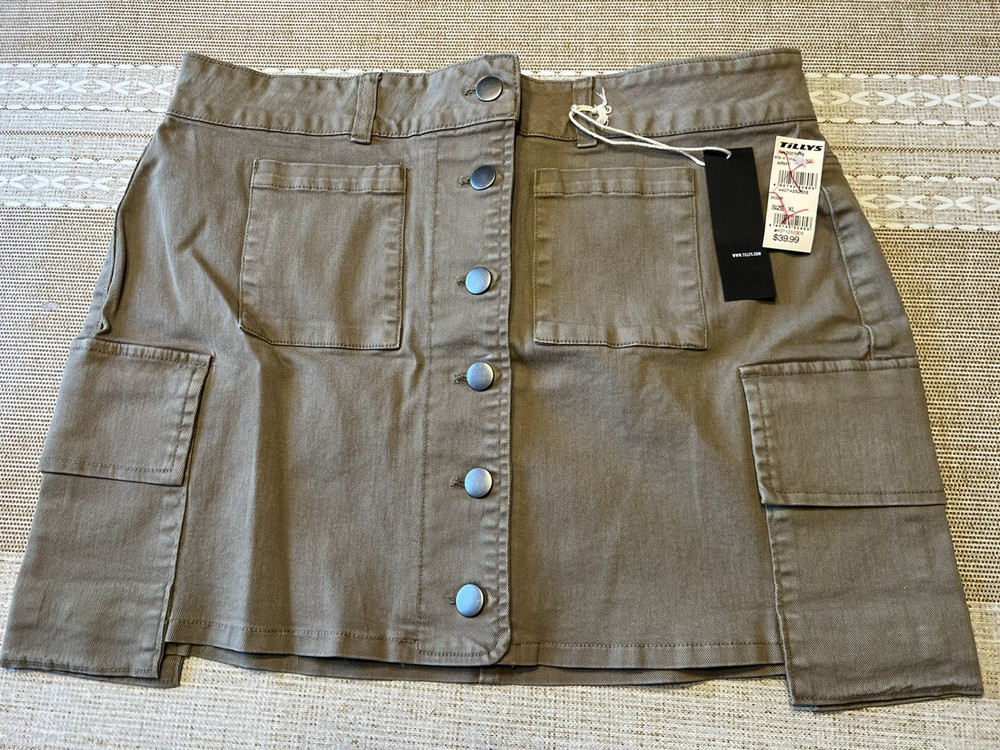 Women’s Denim Mini Skirt Button-Front Closure Army Green Cargo Pockets Size XL