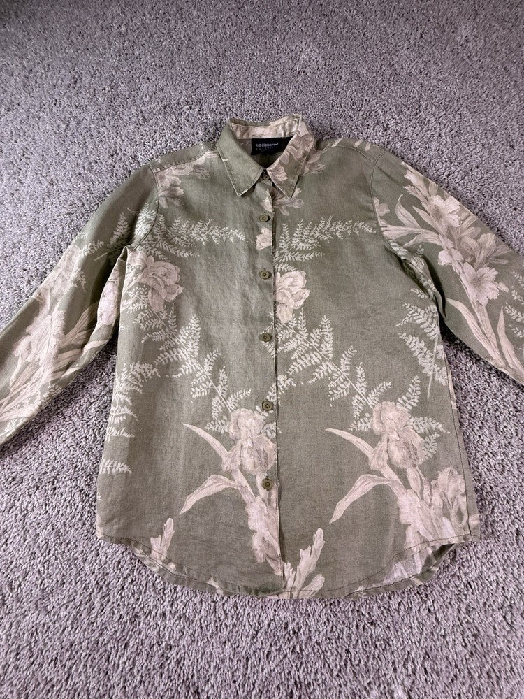 Liz Claiborne Women’s Linen Blouse Petite Medium Green Floral
