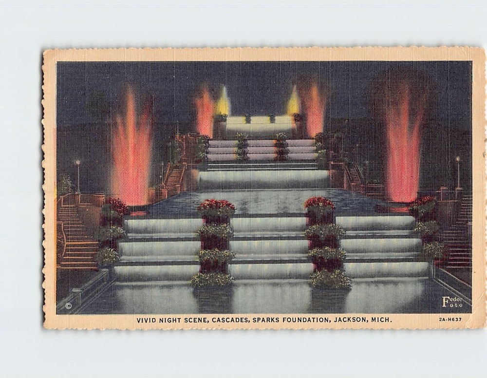 Postcard Vivid Night Scene Cascades Sparks Foundation Jackson Michigan USA