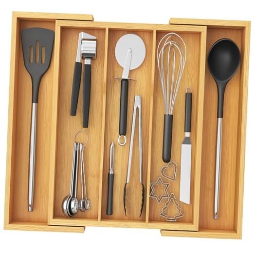 Expandable Bamboo Kitchen Drawer Organizer for Cooking Utensils