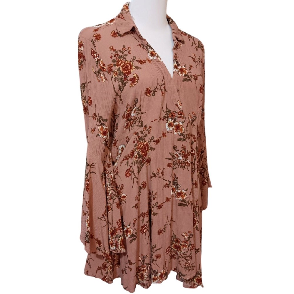 Umgee Boho Blouse Top Flare Sleeves Pink Floral Cottagecore Fairy Long Tunic LG