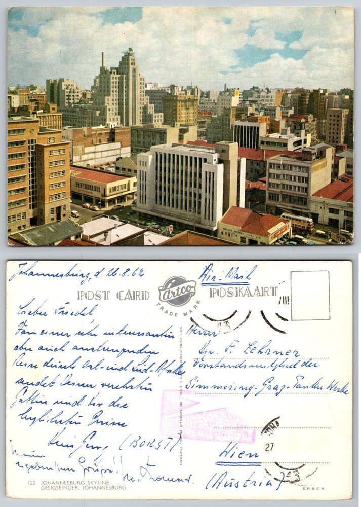 Johannesburg South Africa Skyline Vintage Postcard 1962 City View Artco