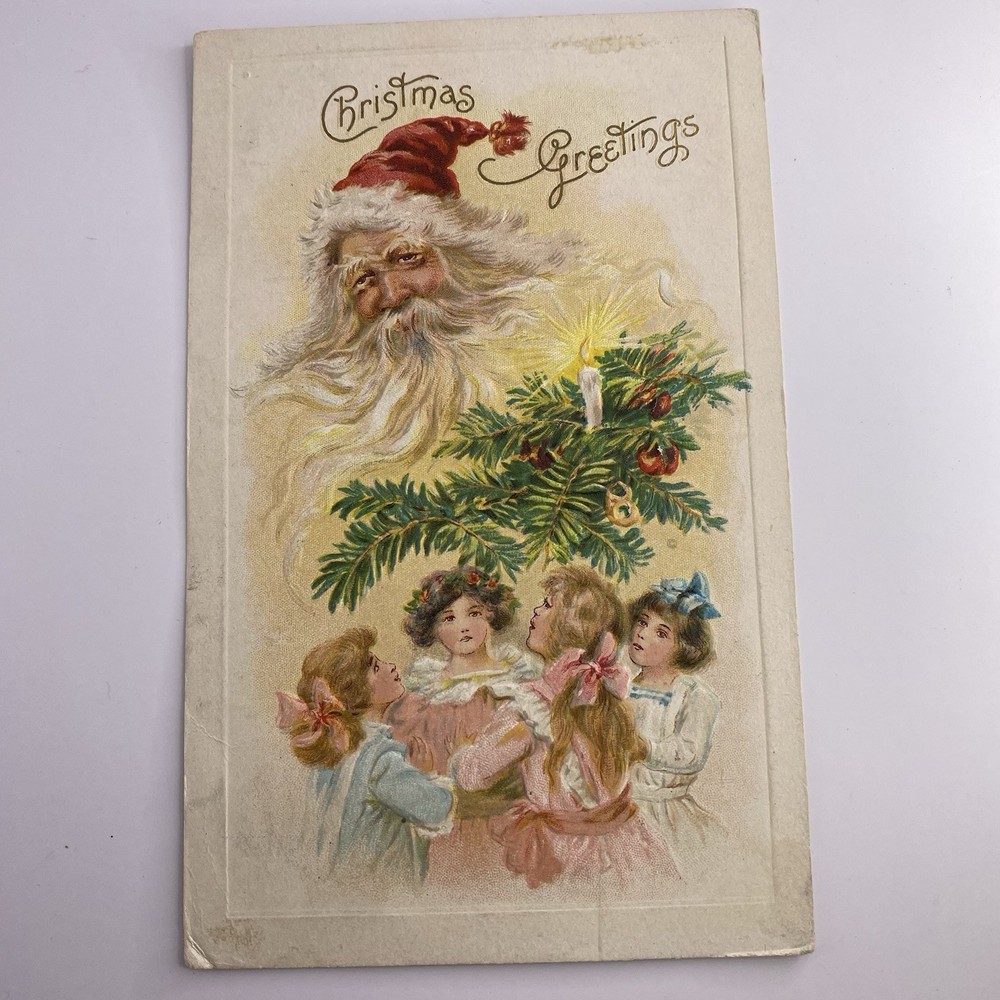 1910 Victorian Embossed Christmas Postcard A.S. Meeker Girls Thinking of Santa