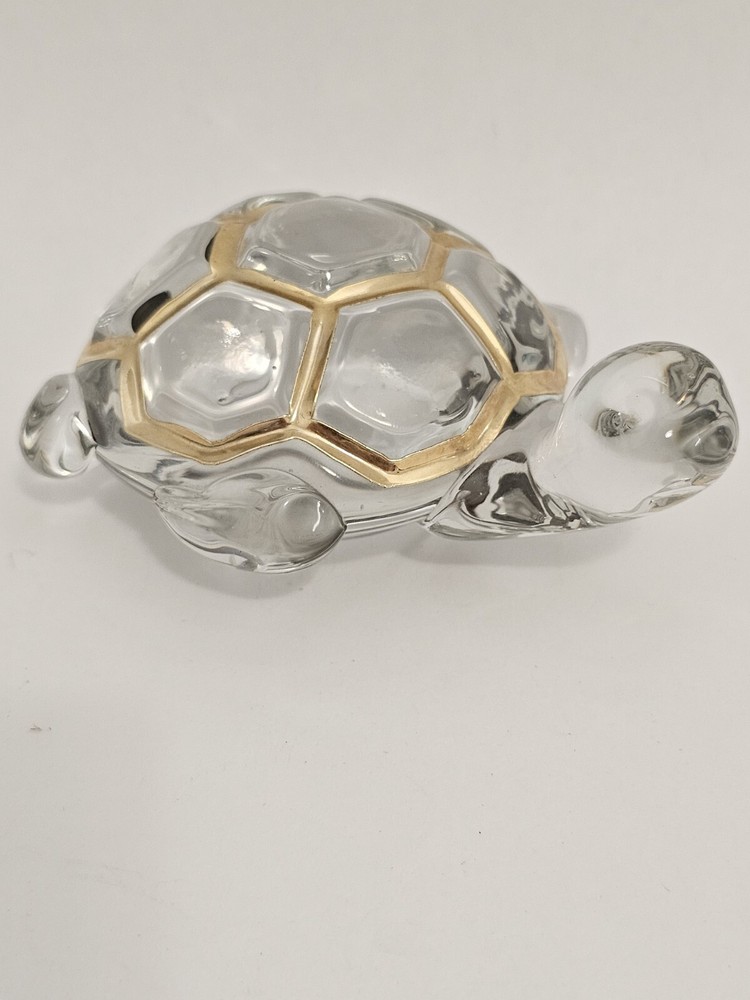 Vintage Glass Crystal Turtle Tortoise Paperweight Gold Color Shell Outline SH2