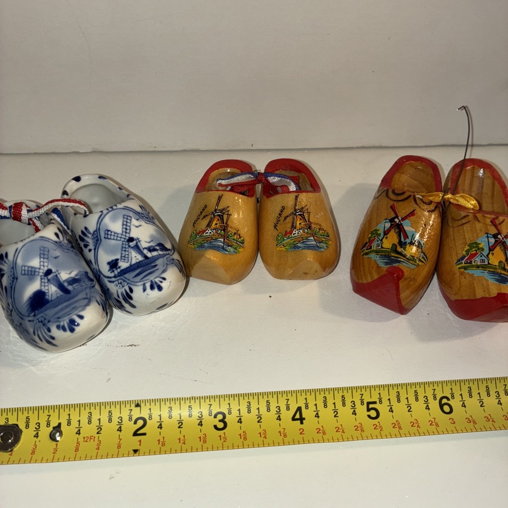 Vintage lot of 3 Dutch Wooden Clogs Shoes ornaments from Netherlands, Aruba, Mi