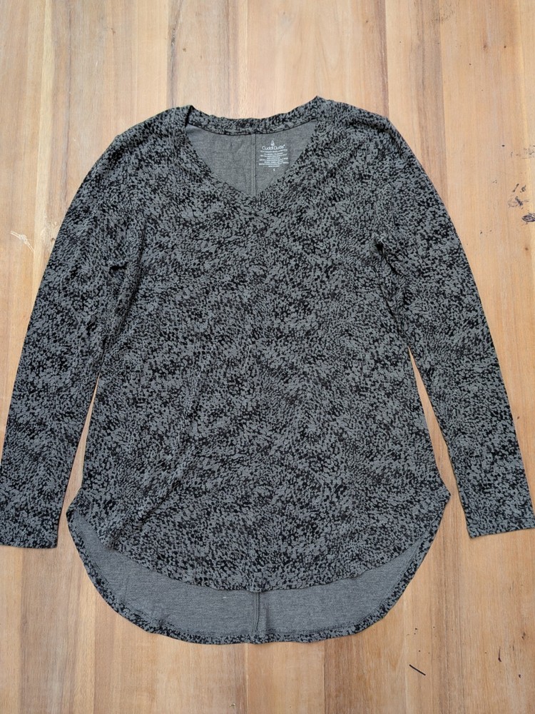 NWOT Cuddl Duds Softwear w/Stretch V Neck Tunic-Size S Black Grey Pattern