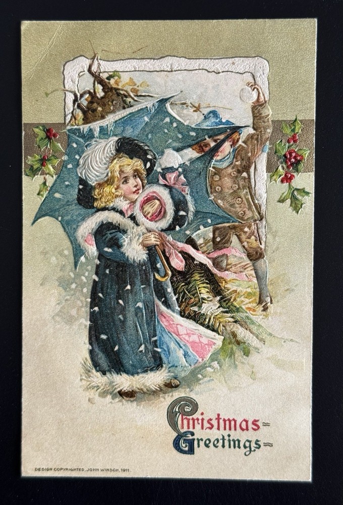 1911 John Winsch Vintage Christmas Postcard Little Girl Kids Embossed