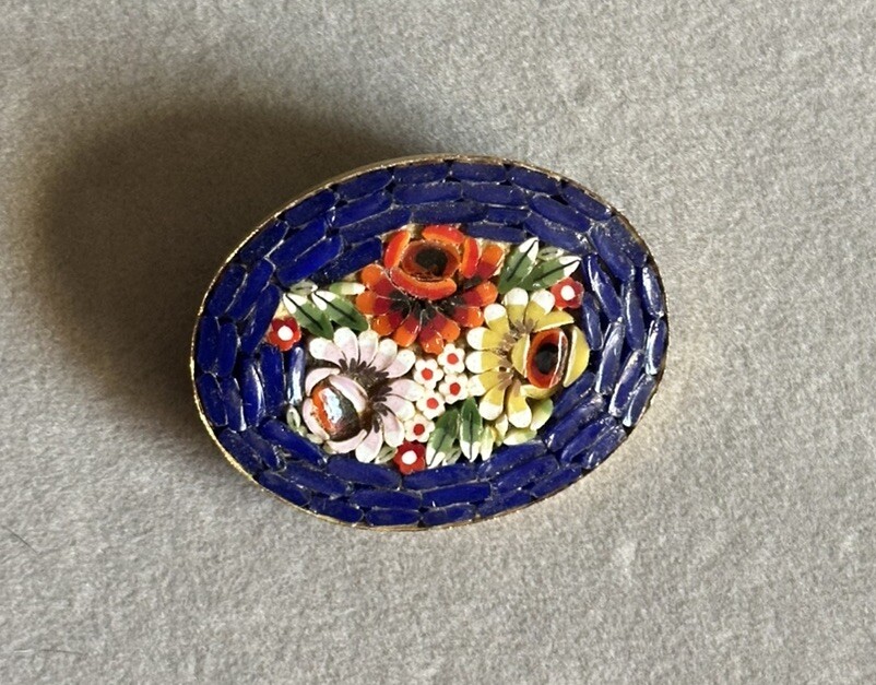 Vintage Micro Mosaic Floral Brooch Oval Gold-Tone Frame