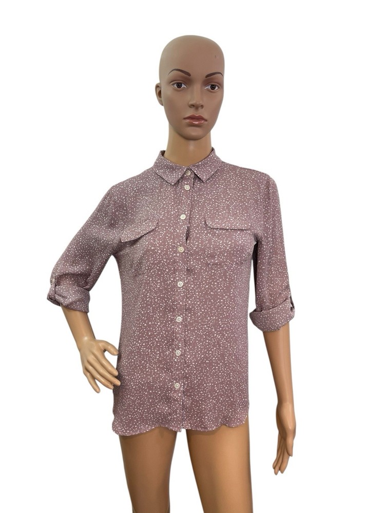 Loft Women’s Size SP Long Roll Tab Sleeve Pink White Button Up Blouse