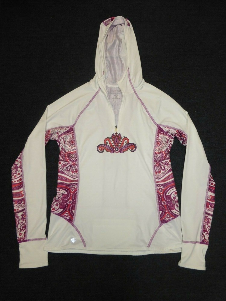 Athleta women's pink/red/white print long-sleeved hoodie pullover top Sz M
