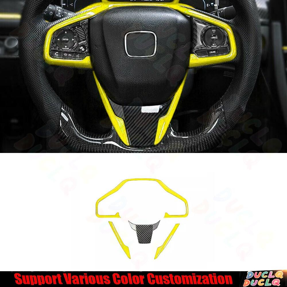 Steering Wheel Button Frame Trim 4* For Honda Civic 2016-21 Yellow+Carbon Fiber