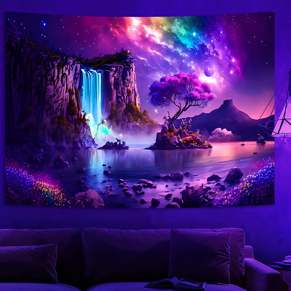 Fantasy Waterfall Tapestry Blacklight Wonderland Purple Galaxy Tree Landscape UV