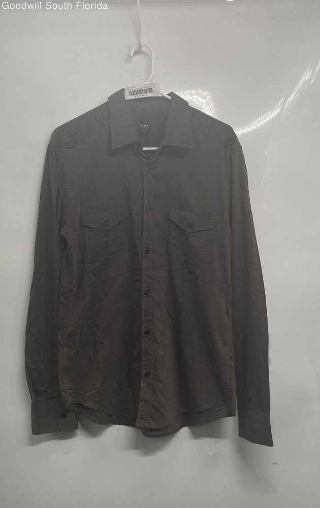 Hugo Boss Mens Brown Slim Fit Collared Pockets Long Sleeve Button-Up Shirt Sz L